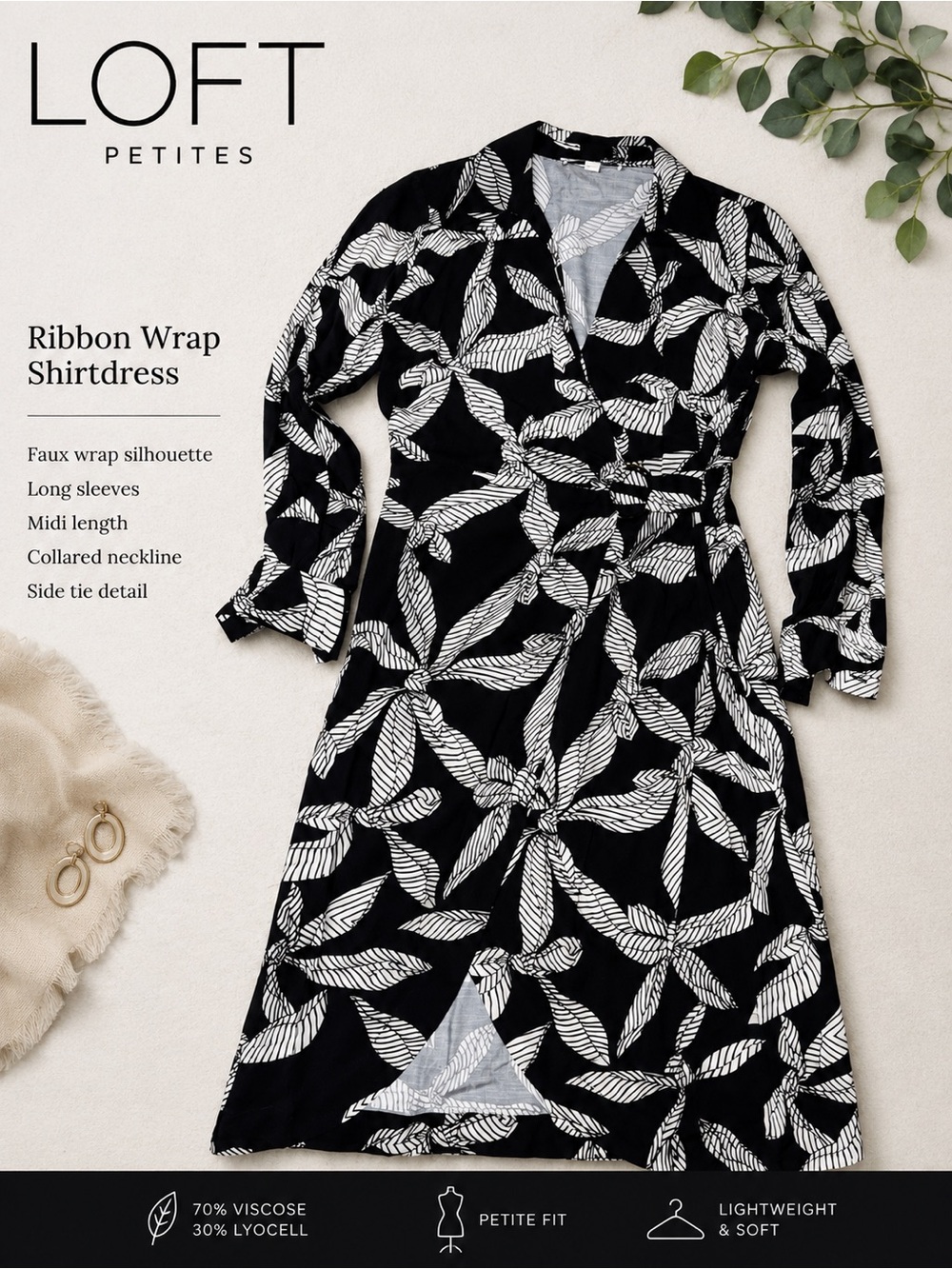 LOFT Petites Ribbon Wrap Shirtdress 0P Black Ivory Leaf Print Midi Dress